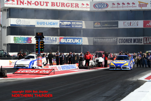Ron Capps (near lane) vs 
Austin Prock (far lane)